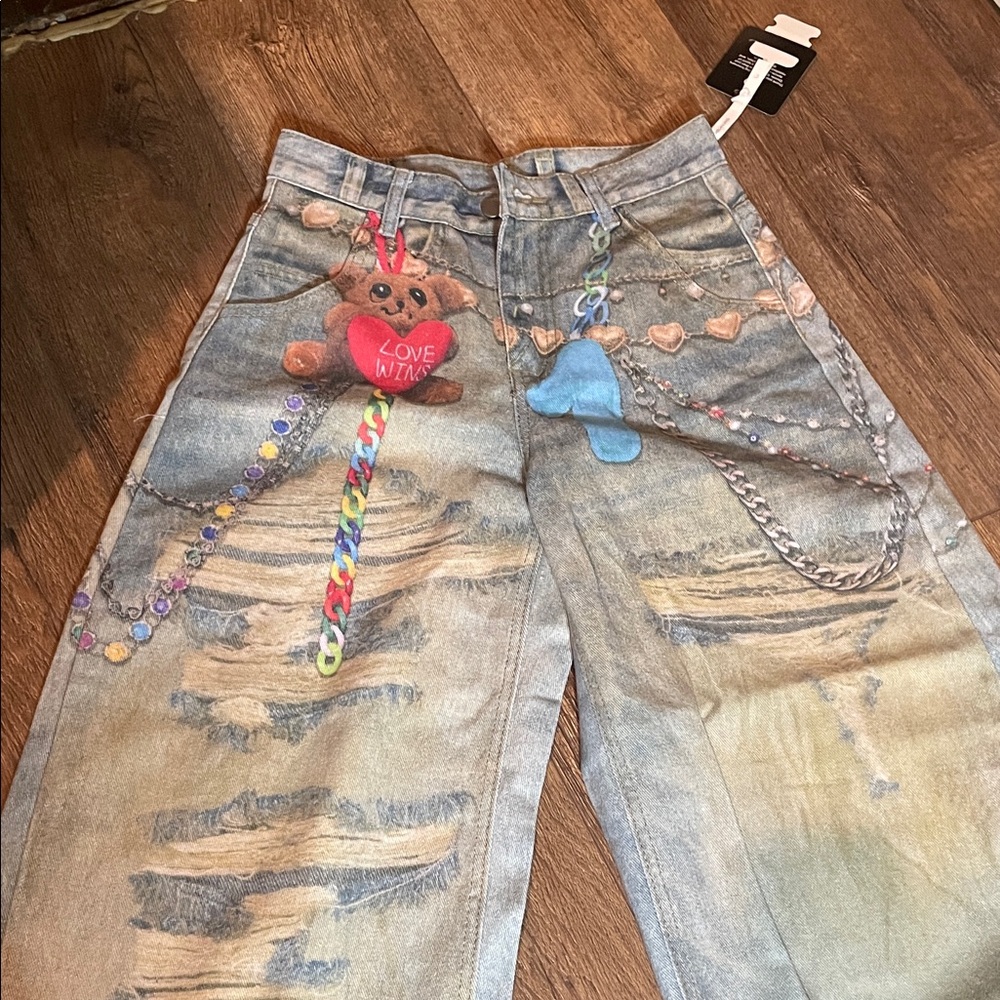Embellished Blue Wide Leg Jeans - Picture 2 of 6